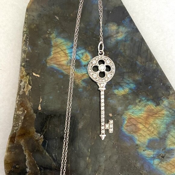 Sterling Silver 925 2" Cubic Zirconia CZ Key Pendant Necklace 20" Cable Chain - Picture 4 of 16